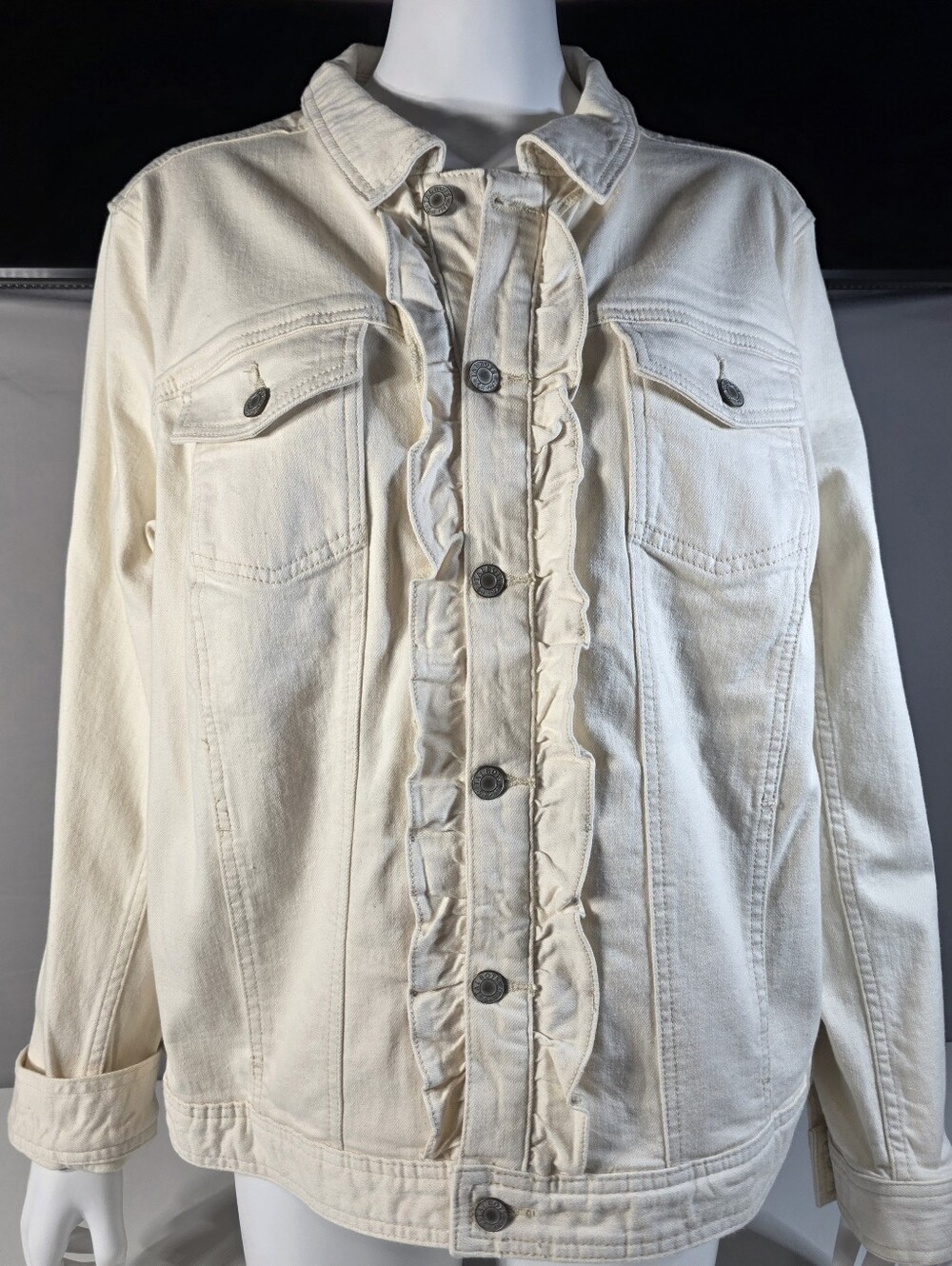 Talbots Ruffle-Front Denim Jacket in a cream or off-white colorway Woman's 2XL